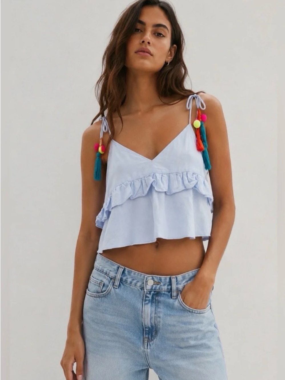 Zara Light Blue Ruffle Tie-Shoulder Crop Top with Colorful Tassels